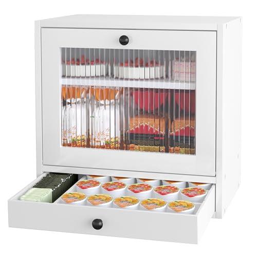 Alpeir Wooden Bread Box for Kitchen Countertop, Large Capacity with Ventilation Holes Adjustable Tiered-Shelf, Vintage Farmhouse Breadbox with Drawer & Window, Longer Freshness, White