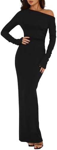BTFBM One Shoulder Long Sleeve Dress for Women 2025 Bodycon Ruched Night Out Formal Maxi Fall Wedding Guest Dresses, Black, Medium