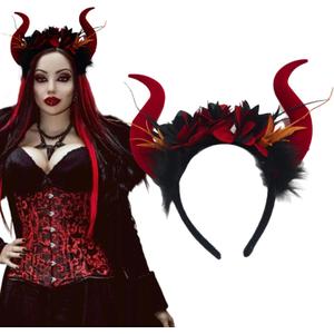 mdgfge Devil Horns Headband Gothic Dragon Demon Red Rose Flower Horns Hair Hoop Hair Accessories for Women Halloween Cosplay Christmas Parties Dress Up Supplies