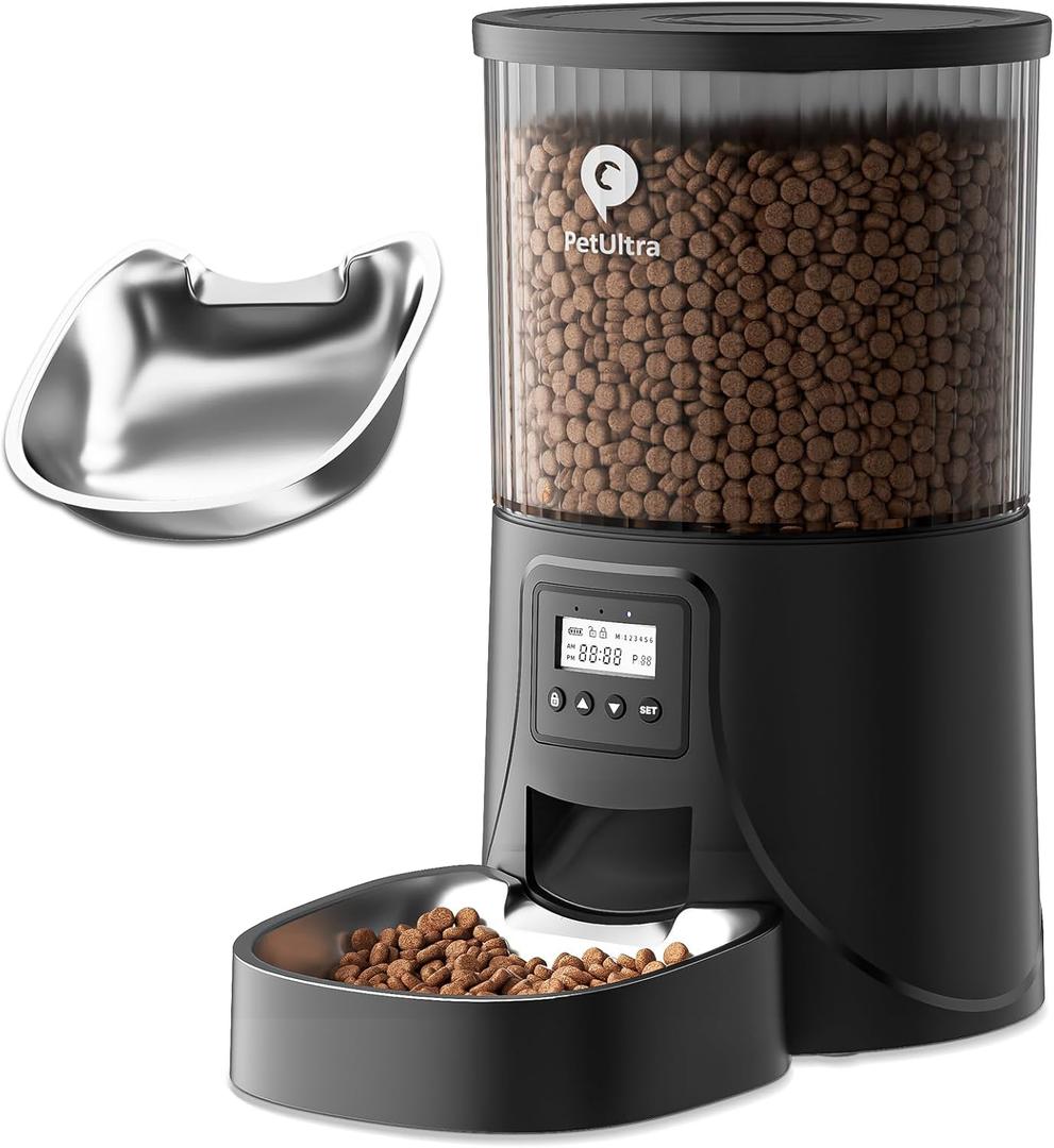 PETULTRA Automatic Cat Feeder: 4L Timed Cats Food Dispenser Programmable 1-6 Meal for Cat and Small Medium Dog- Auto Pet Feeder Easy to Set Up Dual Power Supply with Desiccant Bag| Detachable Washable (Black+Stainless Steel)