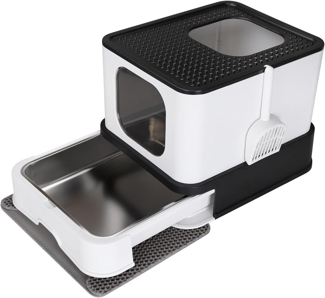 RIZZARI Stainless Steel Cat Box: Black Large Capacity Enclosed Litter Pan with High Walls - Non-Stick Teflon Coating & Leak-Proof Drawer - Odor Control - Perfect for Bathroom Balcony