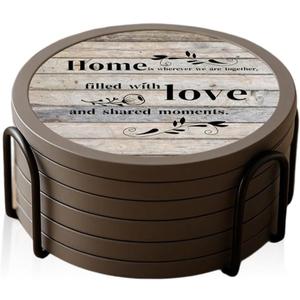 Absorbent Coasters for Drinks with Holder, Set of 6 Farmhouse Coasters, Silicone Coaster with Soft Felt Insert, Round, Housewarming Gifts (4.3 inch Coasters with 4.5 inch Holder, Farmhouse Style-02)