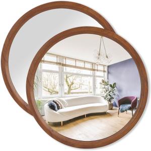 MAGFLERUM 17" Round Wood Mirror Set of 2 - Small Circle Nursery Boho Wall Mirror, Decor for Bedroom, Living Room, Hallway (Brown)