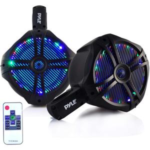 Pyle Waterproof Marine Wakeboard Tower Speakers - 6.5 Dual Subwoofer Speaker Set and 1.0 Tweeters, LED Lights and 200 Watt Power - 2-way Boat Audio System with Mounting Bracket - PLMRWB65LEB (Black) (Blue)