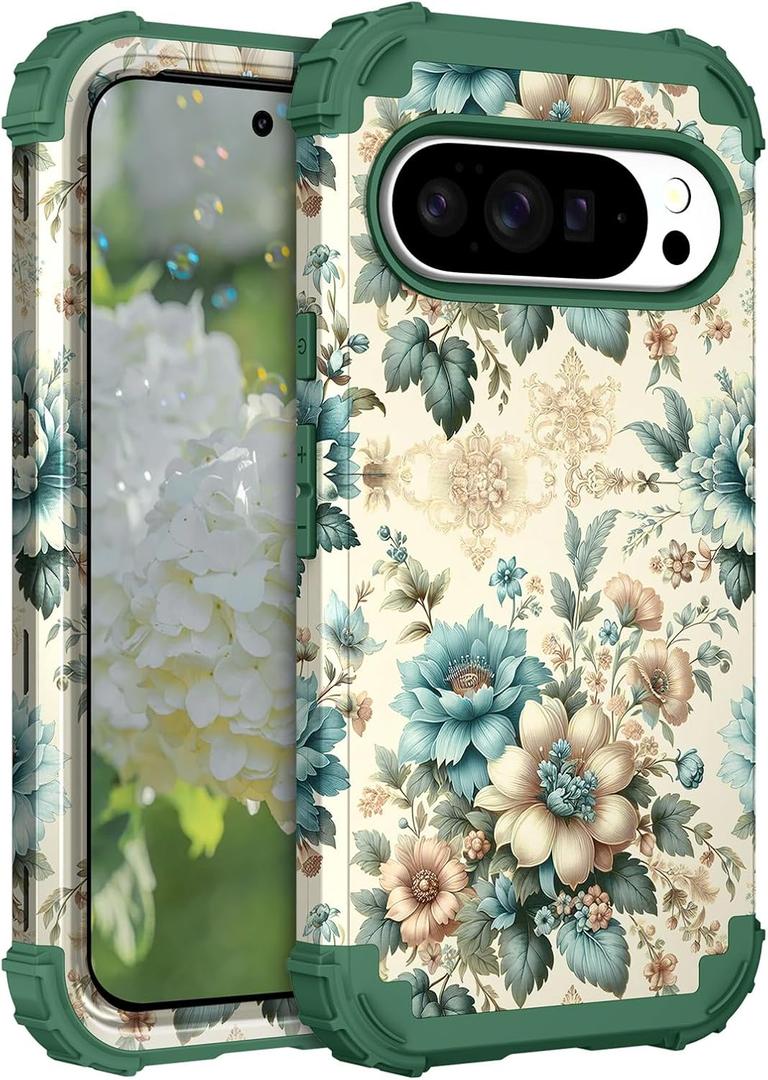 Hocase for Google Pixel 10 Pro XL Case, Shockproof Heavy Duty Protection Hard Plastic+Silicone Rubber Bumper Hybrid Protective Case for Google Pixel 10 Pro XL 6.8" 2025 - Teal Blue Flowers