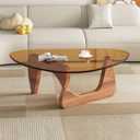 Mid-Century Modern Coffee Table - Triangle Glass Top Natural Wood Base Triangle Coffee Table for Living Room Patio Office Abstract End Tables (Large 45 * 32.3 * 15.7, Walnut/Brown)