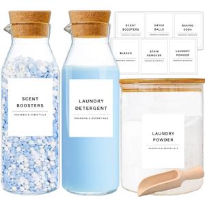 KOSKIMER Glass Laundry Detergent Dispenser Set, Liquid Detergent Containers, Scent Booster & Bleach Dispenser for Laundry Room (2 Bottles & Jar)