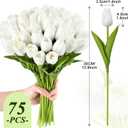 Janinka 75pcs Artificial Tulip Flowers Fake PU Tulips Faux Latex Bouquet Flower Centerpieces Arrangement Floral for Mother Day Wedding Spring Decorations (White)