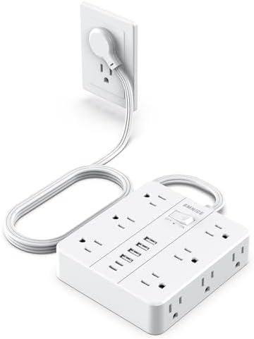 Power Strip Flat Plug with 12 Outlets 6 USB(2 USB C),SMNICE Surge Protector Charging Station with Overload Protection,5ft Extension Cord Widely Spaced Multiple Outlets for Home Office Dorm Essentials, White