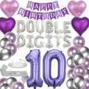 42 Pieces 10th Birthday Decorations Double Digits Party Balloons Purple Happy Birthday Banner Silver Sash 10th Tiara Number 10 Foil Balloons Latex Balloons for 10 Year Old Girls Party (Purple)