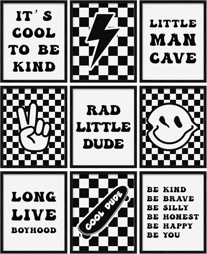 Eersida 9 Pcs Retro Checkered Preppy Lightning Peace Sign Long Live Boyhood Rad Little Dude Poster Prints Boys Poster Gifts for Boy Room Dorm Decor Wall Art Unframed 8 x 10 Inch(Black)  