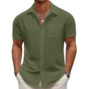 COOFANDY Men's Casual Button Down Short Sleeve Shirt Textured Summer Beach Vacation Shirt Army Green, M