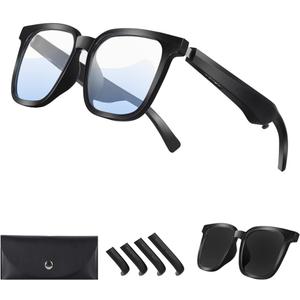Bluetooth Audio Smart Sunglasses, Blue Light Glasses for Women Men, Open Ear Music, UV400 Polarized Lens,No Leaking Voice, Touch Control (Black+Transparent Lens)