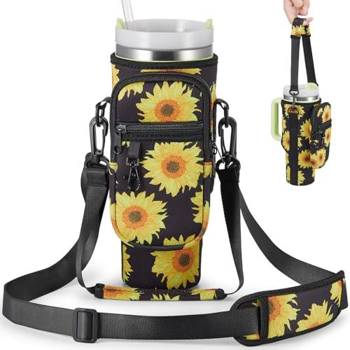 BULKITEM Sunflower Water Bottle Carrier Bag w/Phone Pocket for Stanley 30oz Tumbler with Handle, Sunflower Insulated Neoprene Cup Holder Pouch for Stanley Cup Accessories, Sunflower Gifts for Women