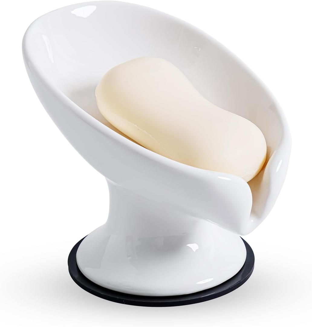 Agyiuns Soap Dish, Soap Holder Self Draining Leaf Shape Soap DishesWhite Ceramic Draining Soap Tray for Shower, Bathroom Sink, Kitchen (Large Size-White, 1)