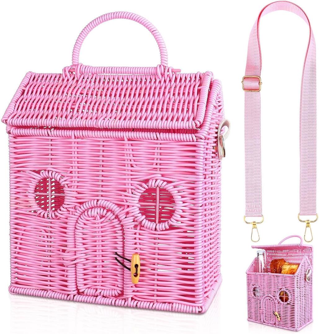 Handmade Rattan Doll House Rattan House Shape Shoulder Bag Wicker Basket with Lid Mouse in a Box Storage BasketDecorative Hand Woven Shelf Organizer Woven Handcrafted Artwork Gift (Pink)