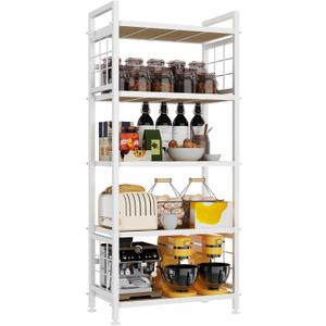 GIOTORENT 5-Tier Kitchen Storage with Wooden Boards, Heavy Duty Storage Shelves & Bookshelf, Adjustable Metal Shelving Unit for Garage Kitchen Bathroom Laundry Organizer, 750LB Capacity, White, 21.6W x 12.8D x 53.6H