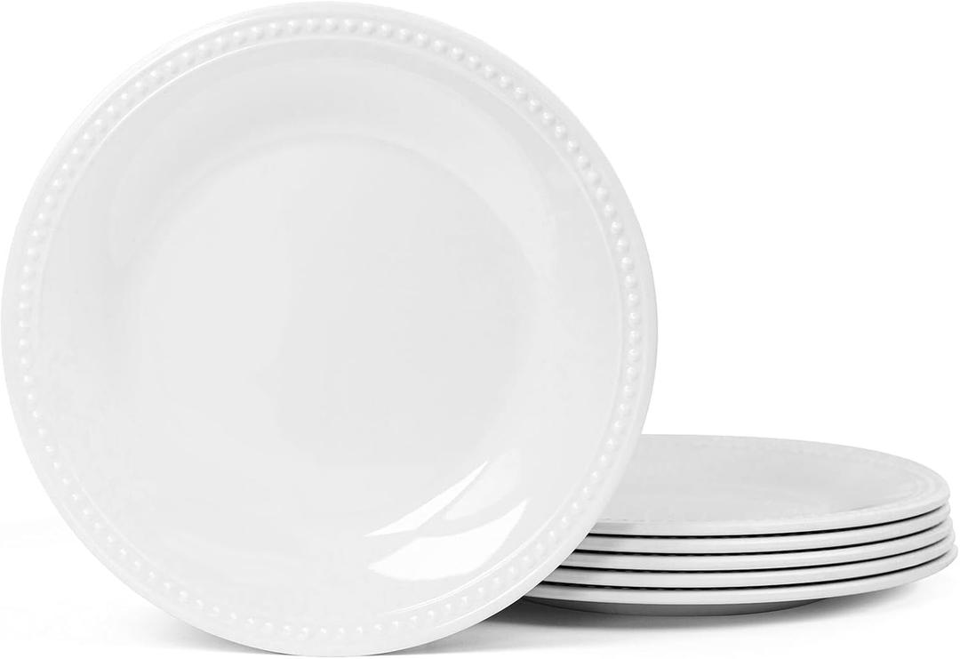 8.5 inch Basic White Melamine Plastic Beaded Salad Plate Set of 6, BPA Free, Chip & Break Resistant, Lightweight, Great for Dining, Weddings & Everyday Meals