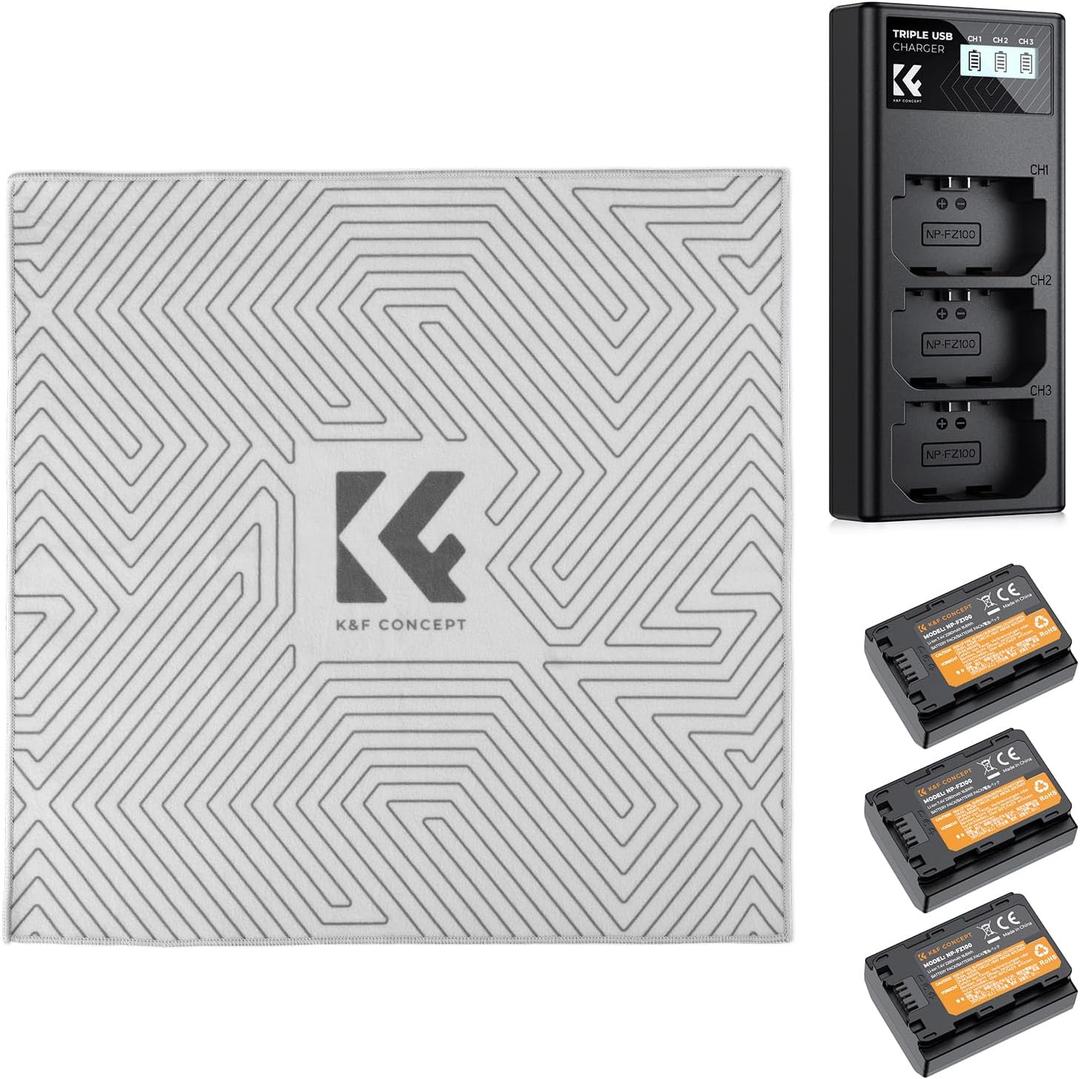 K&F Concept NP-FZ100 Battery and Three Slot Charger & Lens Camera Protective Wrap