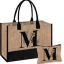 AYGE Personalized Initial Jute Tote Bag & Makeup Bag, Beach Bag, Monogrammed Birthday Gifts for Women Sister Mom Bridesmaid