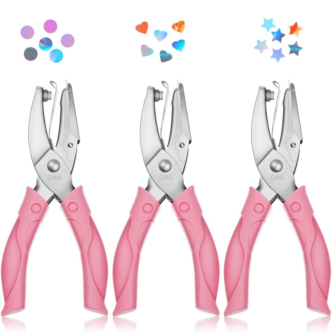 Zonon 2 Pcs Hole Punch Shapes Single Hole Paper Punchers for Crafts Handheld Metal Punch with Soft Grip 1/4" 3/16" Round Heart Star Holes for DIY Tags Ticket Scrapbook (Pink)