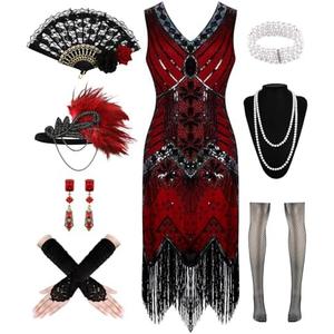 1920s Dresses for Women, Flapper Dress Lace Fan Feather Headband Sequins Beads Fringes 20s Accessories Vintage Mafia Costume Women's Carnival BlackRed 2XL