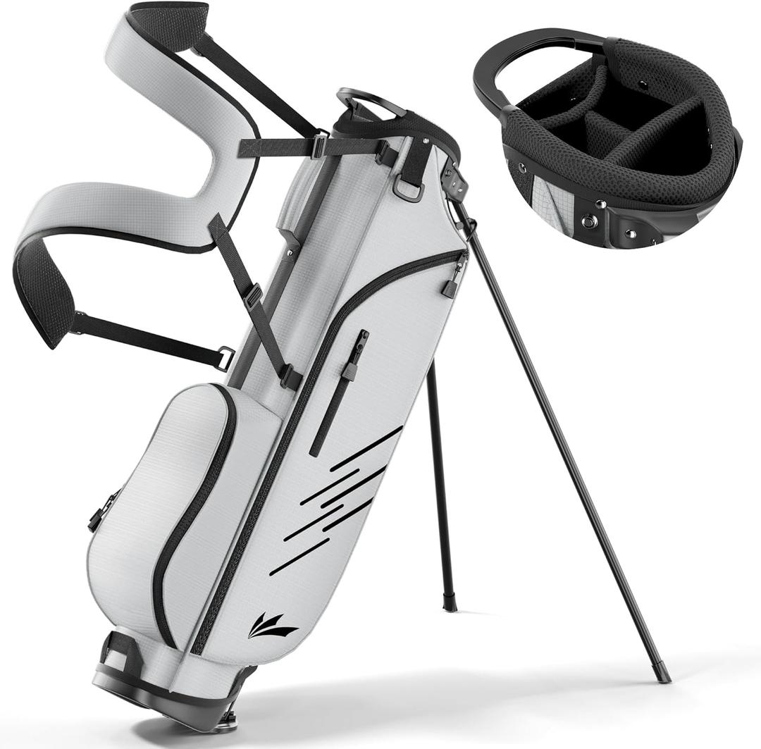 Lightweight 4-Way Golf Stand Bag Compact Carry/Range Bag, Ideal for Half Set (7-8 Clubs), Comfortable Backpack Strap, Stable Auto Stand with Rain Hood (Silver Gray)