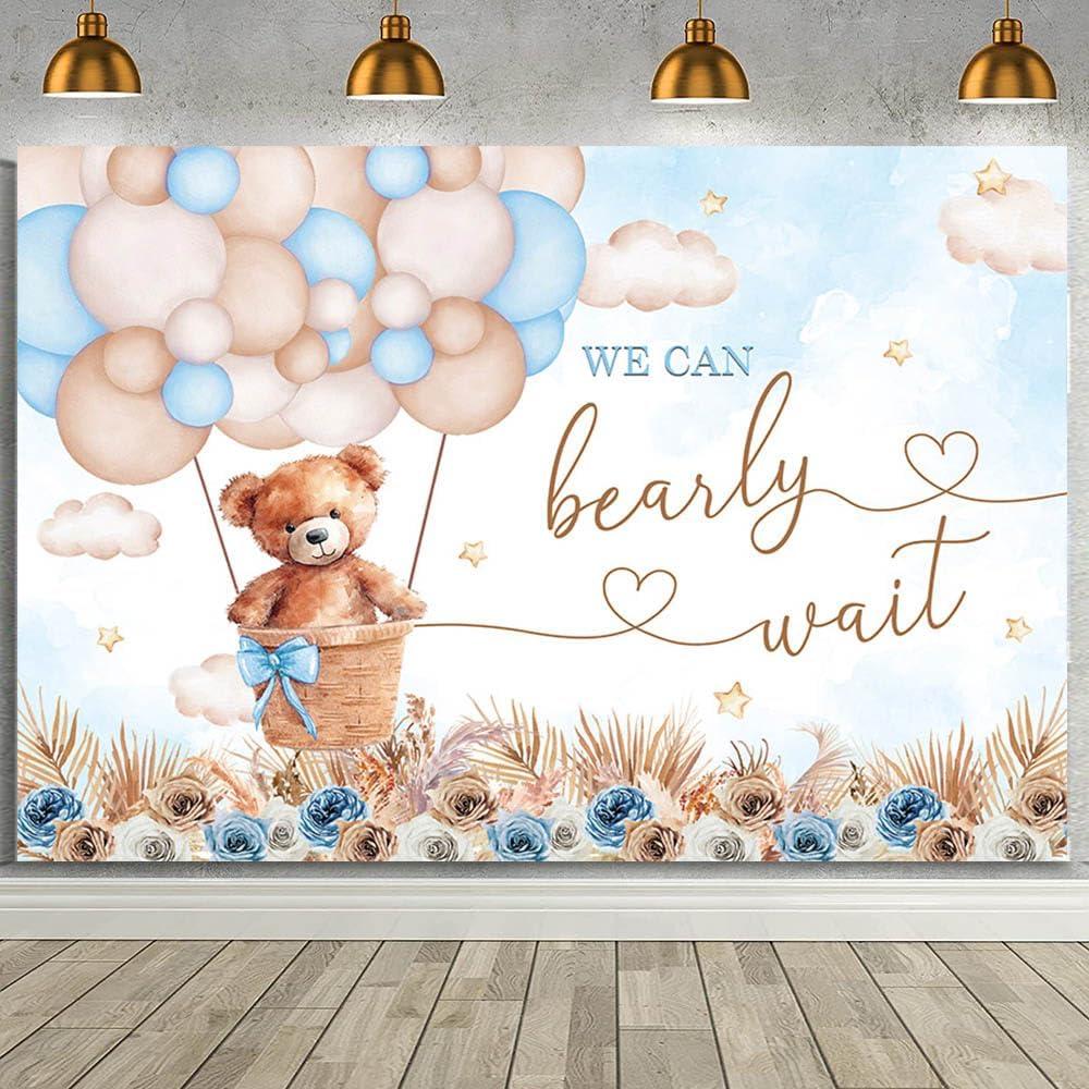 MEHOFOND 7x5ft Blue Bear Baby Shower Backdrop for Boys We Can Bearly Wait Decorations Banner Boho Floral Hot Air Balloon Photography Background Pampas Grass Bear Baby Shower Banner Photo Props