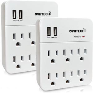 6 Outlet Extender Surge Protector Wall Mount Adapter with Dual 2.4A USB Charging Ports, Oviitech Multi Plug Outlets,6 AC Socket Outlet Splitter,900 Joules Surge Suppression, White, ETL Certified2 Pack