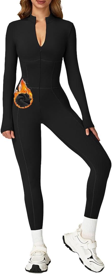 AEEZO Womens Fleece Lined Contour Seams Workout Jumpsuits Zip Up Thermal Yoga Rompers Sexy One Piece Bodycon Playsuit (Large)