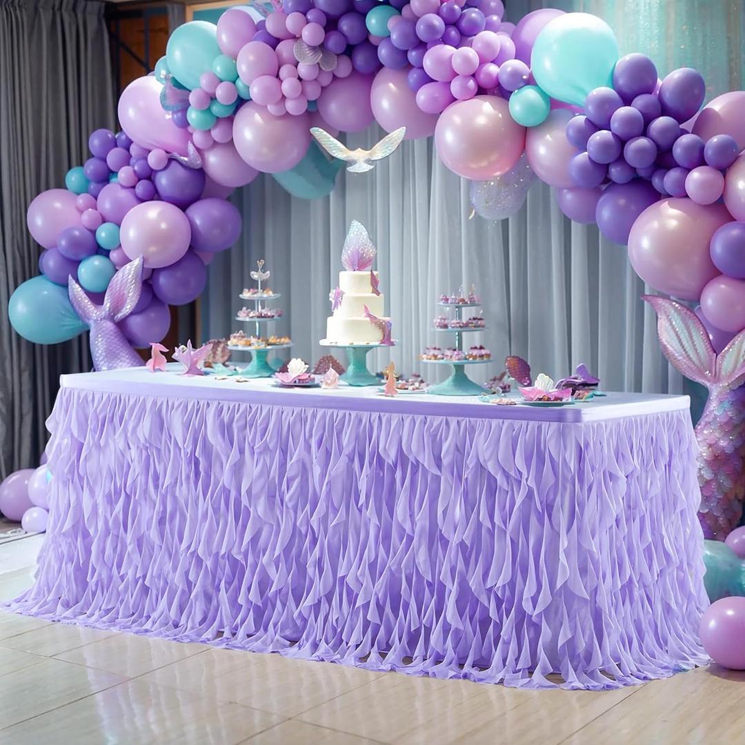 PARTISKY Lavender Purple Tulle Curly Willow Table Skirt for Rectangle Table 6ft, Ruffle Tutu Table Cloth for Girls Boys Baby Shower,Mermaid Birthday Party (72" x 30" (Rectangular))