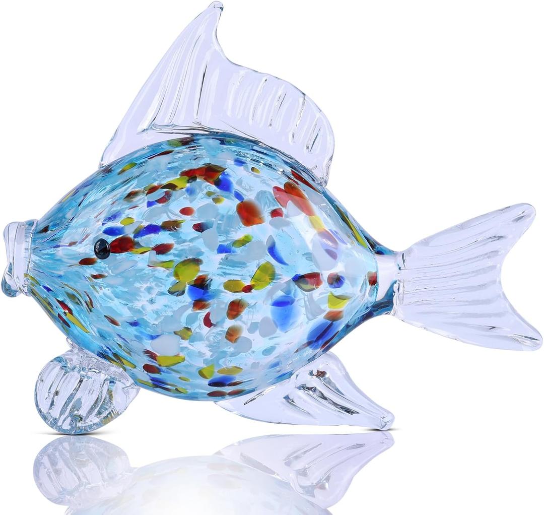 Large Glass Fish Figurine for Home Decor, Hand Blown Art Glass Ocean Animal Statue, Decorative Coastal and Beach Themed Sculpture for Table, Shelf, Bathroom, Living Room or Office (Blue)