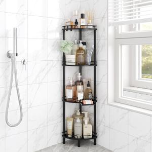 ELYKEN Corner Shower Caddy Standing, 4 Tier Rustproof Metal Shower Organizer with Soap Holder, Floor Shower Corner Shelf Rack Storage Stands with Adjustable Feet & 2 Hooks for Bathroom, Black