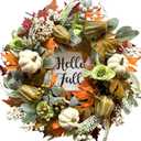 Bibelot Hello Fall Wreath 22' Autumn Decor, Harvest Wreath with Pumpkin, Maple Leaves, Pine Cones for Front Door, Wall, Indoor, Outdoor, Thanksgiving, Fall