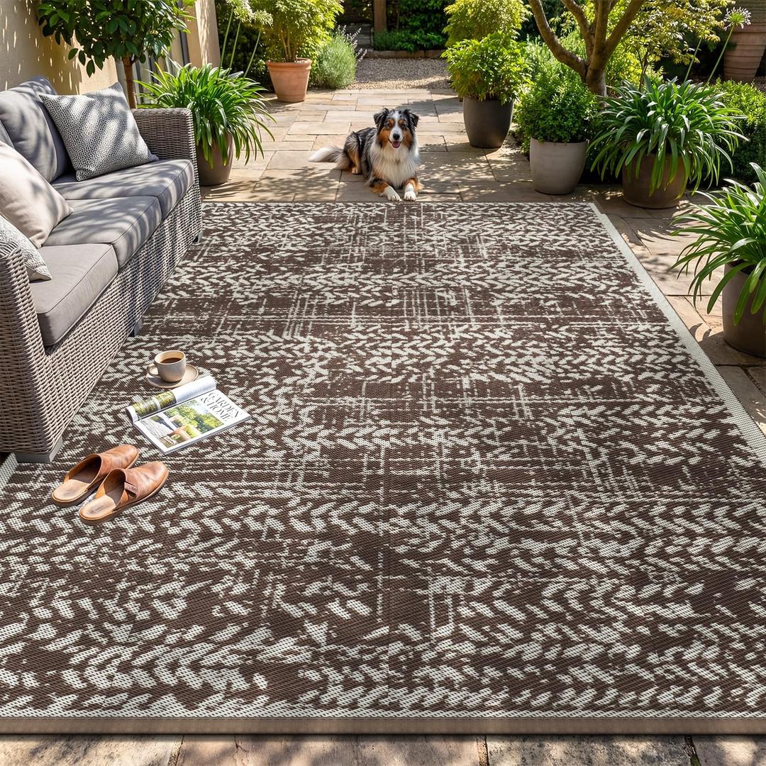 MontVoo Outdoor Rug Waterproof-Patio Rug Mat 5x8 Outdoor RV Camping Picnic Beach Mat Plastic Straw Rugs Outside Outdoor Area Rugs for Balcony Deck Backyard Brown