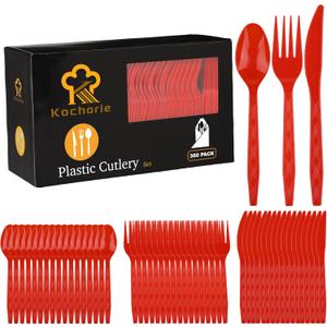 360 Pieces Red Plastic Cutlery Set Disposable Plastic Utensils Heavy Duty Flatware Set Include 120 Knives 120 Forks 120 Spoons for Wedding Birthday Party Supply