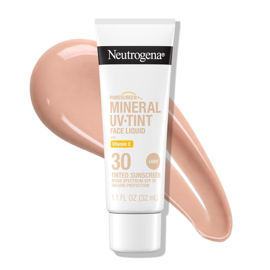 Neutrogena Purescreen+ Mineral UV Tint Face Liquid Tinted Sunscreen - with 100% Mineral Actives & Vitamin E, Enhances Natural Tone, Water Resistant, Broad Spectrum SPF 30, 1.1 fl oz