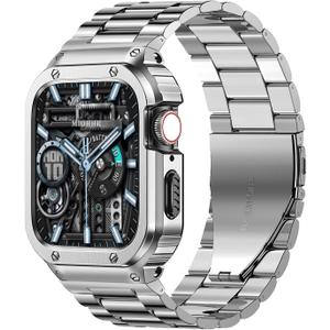 MioHHR Stainless Steel Band and Case Compatible with Apple Watch Band 46mm, Men Metal Protective Bumper Cover for iWatch Series 10 46mm, Silver