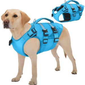 Kuoser Dog Life Jacket, High Flotation Dog Life Vest for Swimming Boating, Adjustable Ripstop Pet Lifesaver for Small Medium and Large Dogs, Reflective Safety Puppy Swimming Vest with Rescue Handle (Large (Chest Girth:22.83-29.53''), Blue)