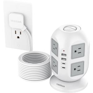 Tower Power Strip, Surge Protector 10 FT Cord, TESSAN Flat Plug Extension Cord with Multiple Outlets, 8 AC Outlets with 4 USB Ports (2 USB C), Charging Station with Surge Protection, for Office Dorm (Grey)