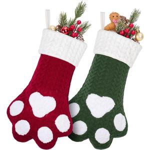 HiPeep Christmas Stockings 2 Pack, 18 Inch Large Family Christmas Stocking, Red and Green Dog Paw Pattern Xmas Stocking for Fireplace,Christmas Decorations