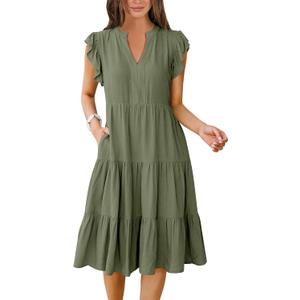 ANRABESS Womens Summer Dress Ruffle Sleeve V Neck Midi Dresses Fashion Casual Fit Flowy Tiered Boho Beach Vacation Sundress (Medium)