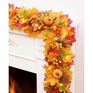 Fall Garland with Lights, 6 FT Fall Garland for Mantle, Fall Decorations with Maple Leaves Lifelike Pumpkins & Berries for Mantle Table Centerpiece Thanksgiving Fall Home Decor