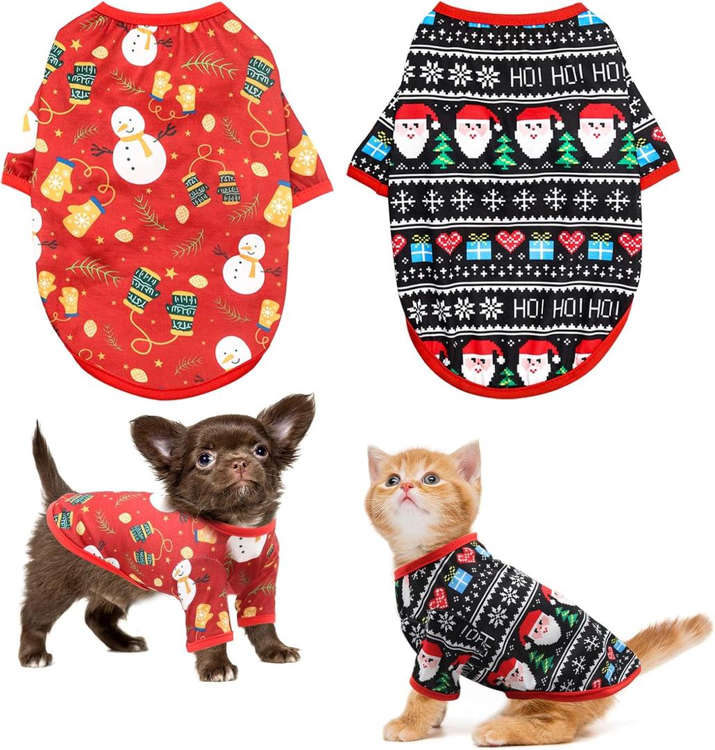 HYLYUN Dog Christmas Shirt 2 Packs - Christmas Pet Shirt Soft Breathable Puppy Shirts Printed Pet Clothing for Small Dogs and Cats XS (Red+Black)