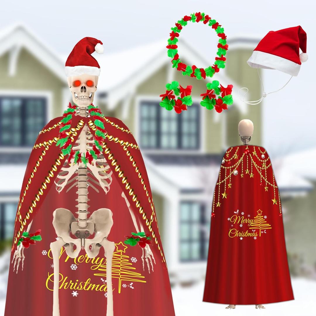 5 PCS 12ft Skeleton Christmas Costume Set Giant Clothes Outfit Accessories Includes Christmas Cloak Santa Hat Leis for Festival Holiday Garden Lawn Outdoor Decor, Skeleton Not Included