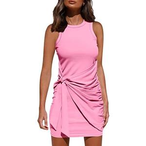 BTFBM Women's 2025 Summer T Shirt Dress Casual Sleeveless Wrap Bodycon Ruched T Shirt Spring Dress Tie Waist Mini Dresses.S