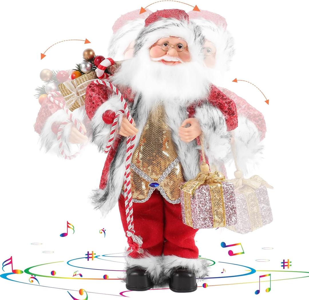 18 Inch Animated Plush Santa Figurine with Music and Movement, Collectible Red Sequin Coat Christmas Decoration, Singing Dancing Santa Claus Holiday Centerpiece Gift for Home or Store