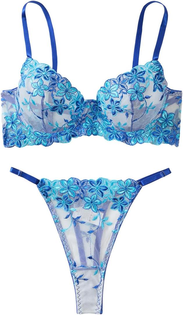 Lilosy Sexy Floral Embroidered Mesh Women Underwire Push Up Lingerie Set (Medium, Blue)