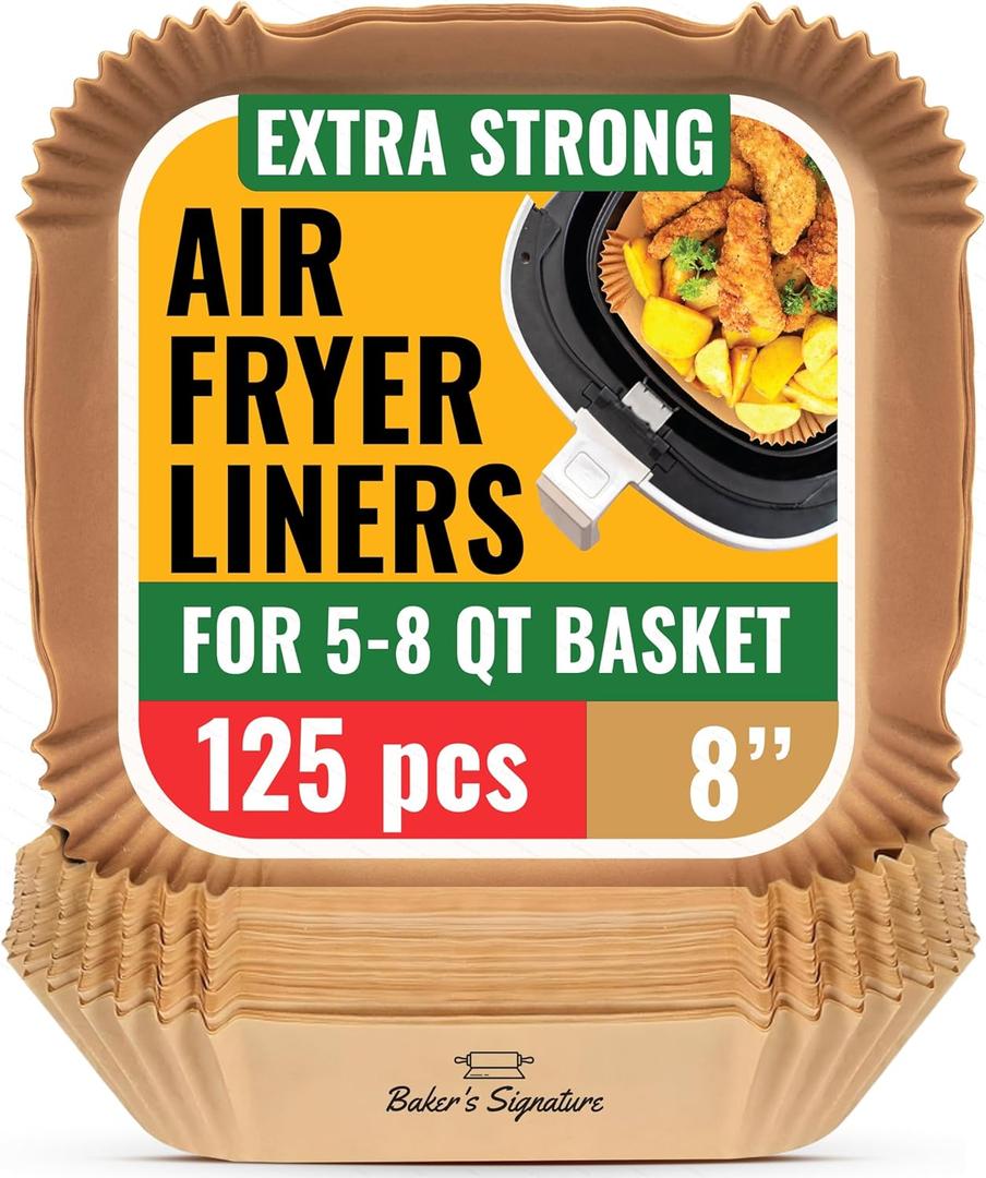 Air Fryer Paper Liners, 125Pcs Air Fryer Disposable Liners, Non-Stick and Oil Proof for Easy Cleanup, 8 Square for 5-8 qt Basket by Baker's Signature