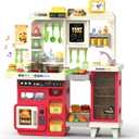 Kids Kitchen Playset with Lights, Sounds & Steam, Large Toddler Kitchen Playset with Sink, Grill, Play Food Sets for Kids Kitchen, Toy Kitchen Accessories, Pretend Play Kitchen Set with Storage Bag (Red)